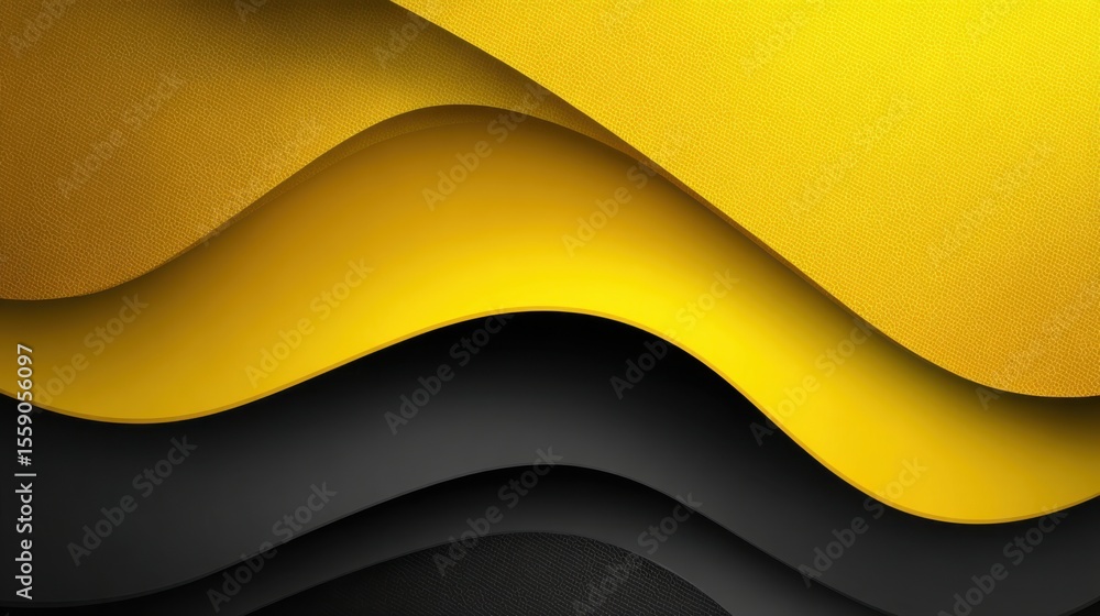 Poster curved layers of vibrant yellow and deep black materials showcase smooth textures and modern design;