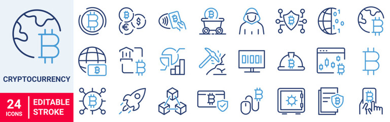 Cryptocurrency economy web icons collection. Blockchain package. Bitcoin, NFT, Vector illustration. Outline icon. Editable stroke.