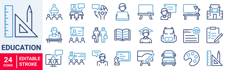 Education and e learning web icons in line style. School, university, success, academic, textbook, Distance learning Electronic resources