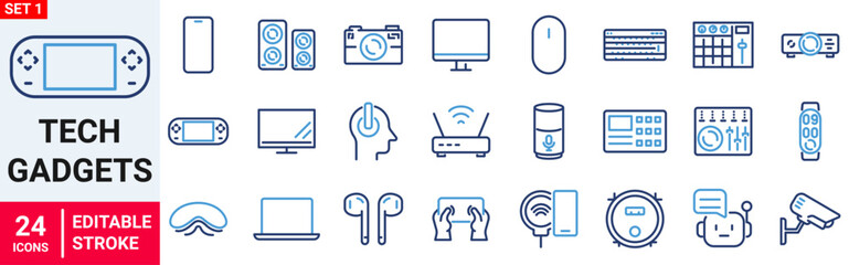 Tech Gadgets web icons in line style. Phone, tablet, laptop, startup, tv, dron, robot, game controler, vr, headphones, projector, collection. Vector illustration.