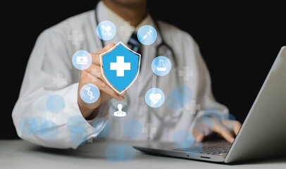 Doctor interacts with futuristic medical digital interface, illustrating the integration of AI and telehealth services. Evolution of online medical consultations and advanced healthcare solutions