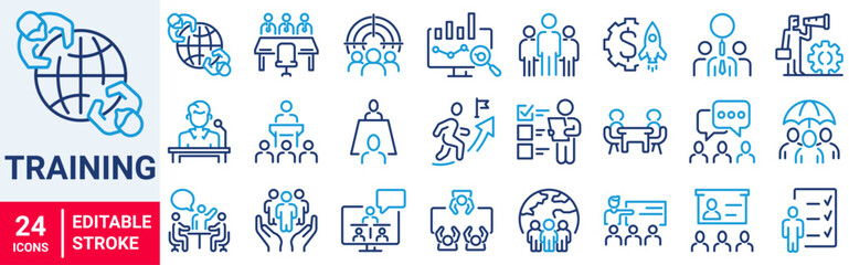 Teamwork training line icons related team, co-workers, cooperation. Linear busines simple symbol collection. vector illustration. Editable stroke