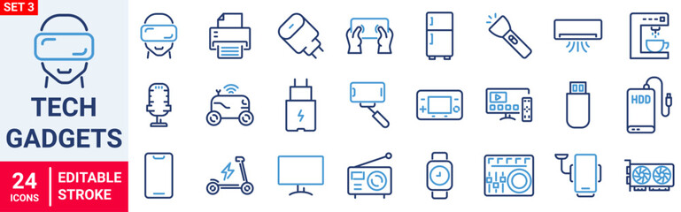 Tech Gadgets web icons in line style. Phone, tablet, laptop, startup, tv, dron, robot, game controler, vr, headphones, projector, collection. Vector illustration.