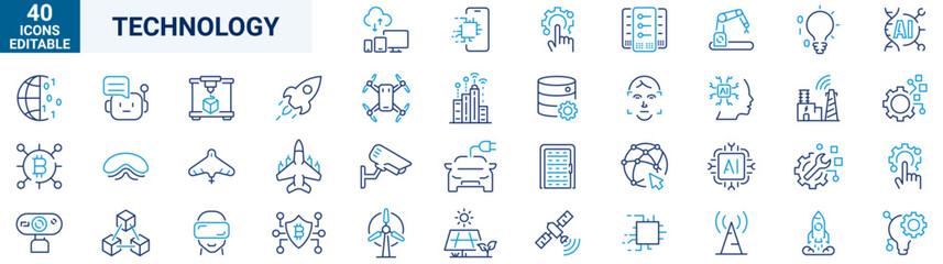 Technology web line icons. Artificial intelligence line icons. Ai, digital, brain, chip.