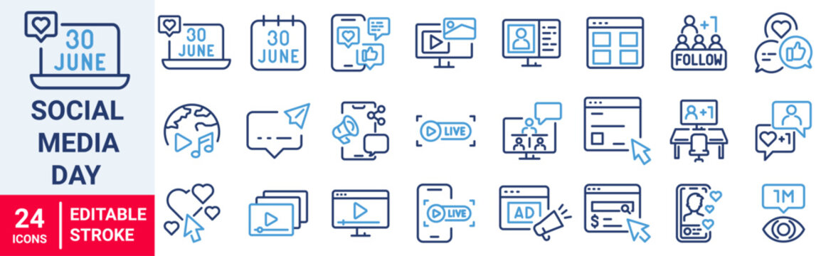 Social Media Day web line icons. Message, profile, social network, video, comment, and sharing icons.