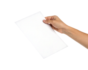 Hand Holding a Blank White Paper Against a transparent Background.