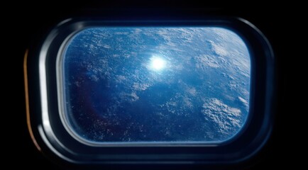 Earth view from spaceship window, clouds and sunrise in outer space