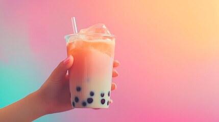 Hand holding thai milk boba tea with pastel background