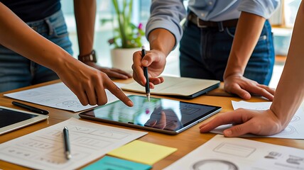 Business people collaborate on digital design using a tablet and design mockups on a wooden conference table for project planning.