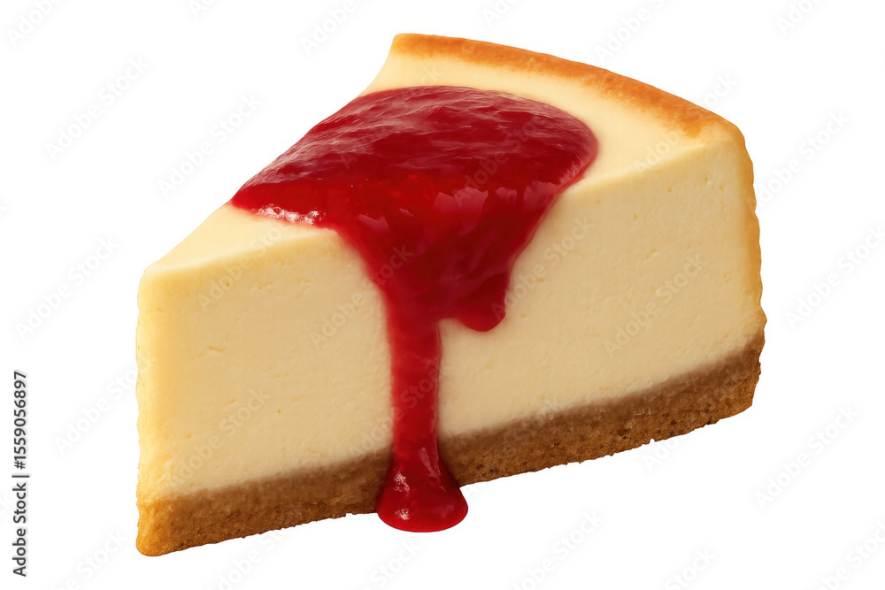 Poster cheesecake slice featuring smooth texture, glazed with vibrant raspberry sauce, resting on clean tra