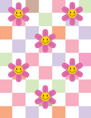 Cute floral pattern with happy face flowers and soft pastel squares, cheerful design