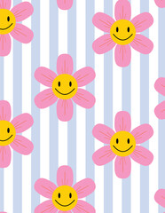 Pattern with smiling pink flowers on blue and white striped background, cute and playful design
