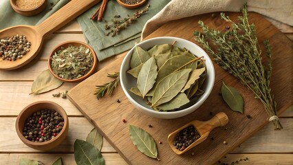 Aromatic Assortment of Culinary Herbs and Spices on a Wooden Table