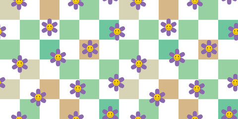 Happy face purple flowers on soft pastel squares, seamless floral design for kids or spring