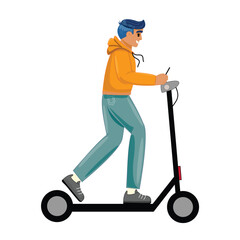 Illustration of happy guy on electric scooter, modern city transport and active lifestyle