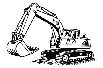 Detailed Black and White Illustration of an Excavator Ready for Construction Work with Intricate Lines and Sharp Contrasts Depicting Industrial Power