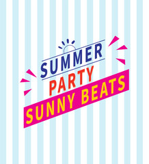 Bright festive summer party design with colorful text and sun illustration, perfect for events