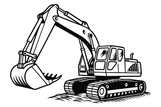 Detailed Black and White Illustration of an Excavator Ready for Construction Work with Intricate Lines and Sharp Contrasts Depicting Industrial Power