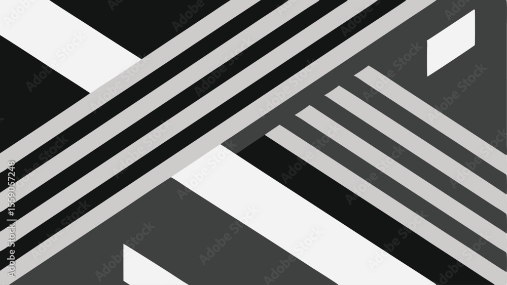 Poster geometric black and white abstract design with layered overlapping shapes and stripes