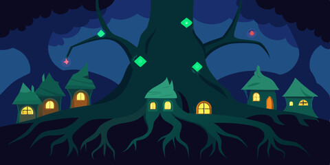 Spooky Halloween night vector illustration with a haunted house, castle, and tree silhouettes under a full moon, perfect for a dark October holiday celebration