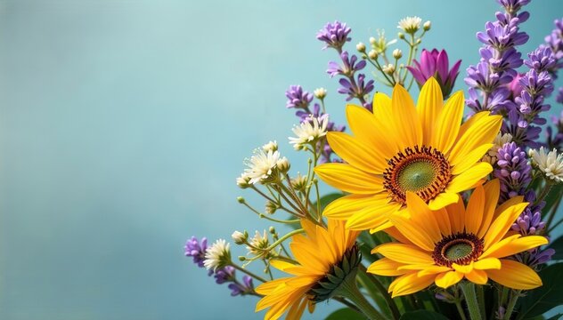 Sunflowers, daisies, lavender in vibrant, swirling summer bouquet , celebration, joyful, arrangement