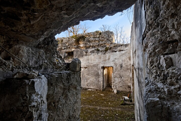 Austro-Hungarian bunker of the Great War in the stronghold of Dos del Gal. Talpina, Mori, Trentino, Italy.
