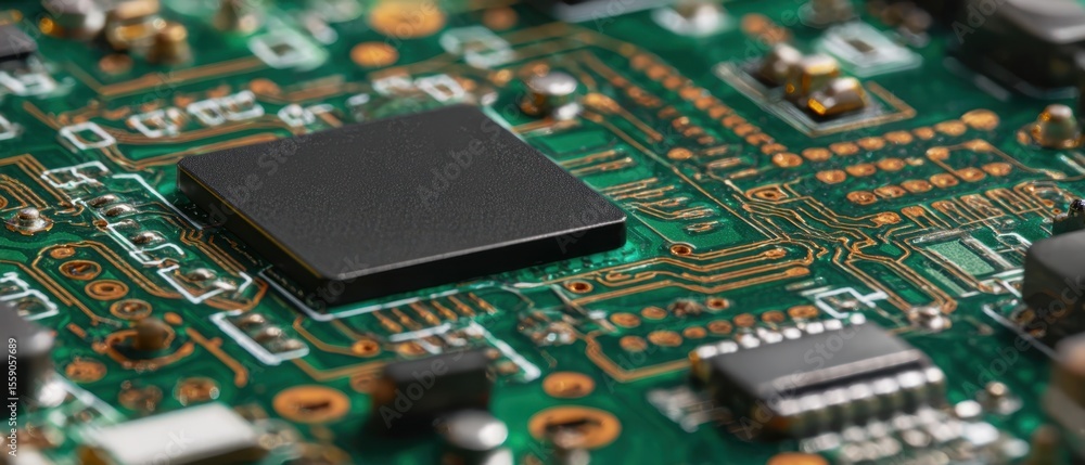 Poster the intricate details of a microchip on a green circuit board.