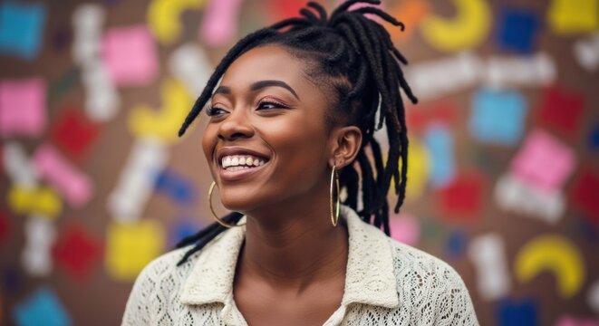 A beautiful young Black woman with stylish dreadlocks styled in a high ponytail, smiling and looking away, against a blurred, colorful, and abstract background.