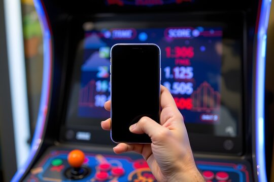 Smartphone and Arcade Game: A hand holds a smartphone with a black screen in front of a classic arcade game machine, showcasing a blend of modern and retro gaming technology.
