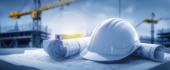 The construction helmet and blueprints on a building site with cranes in the background.