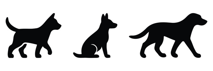 A set of three black dog silhouettes in various poses on a white background. Modern vector silhouette of dogs. Black silhouette of dog
