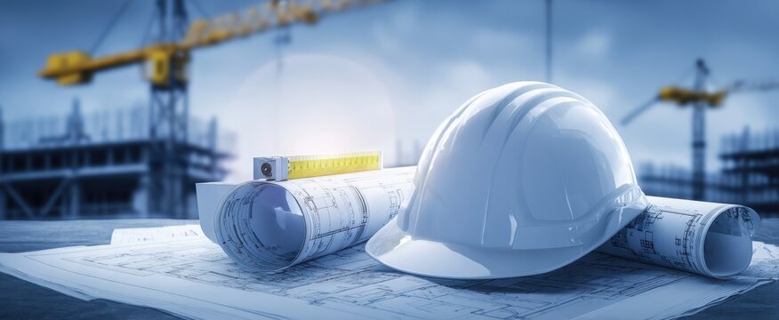 The construction helmet and blueprints on a building site with cranes in the background.