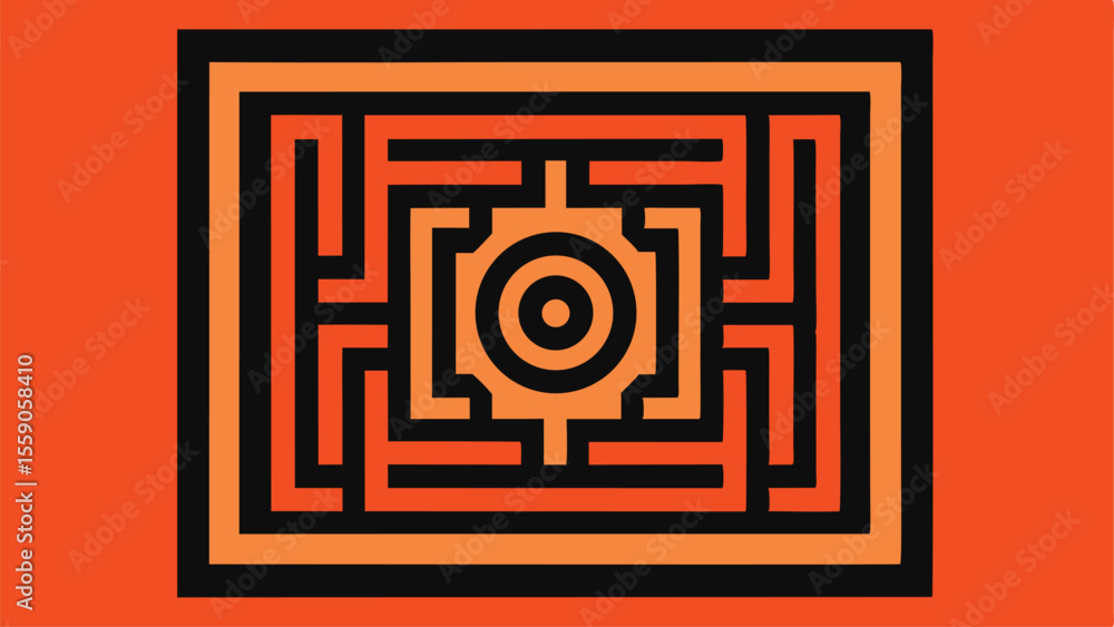 Poster geometric orange maze abstract pattern with a concentric circular design element
