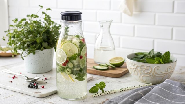 Clear bottle infused water with fruit and herbs glass black