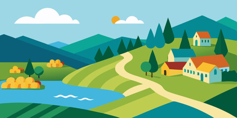 Fototapeta premium Vector illustration of a serene rural landscape with houses, green hills, and trees under a summer sky