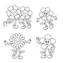 outline set of isolated groovy cartoon character flowers