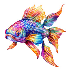 Fototapeta premium Vibrant rainbow fish with flowing fins swimming in dark water a digital painting