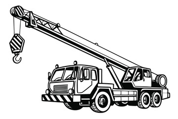Illustration of a Large Crane Truck with Extendable Boom and Hook for Construction Purposes Depicted in Black and White