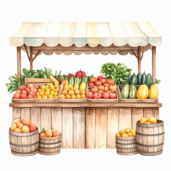 Watercolor Painting of a Farmers Market Stand