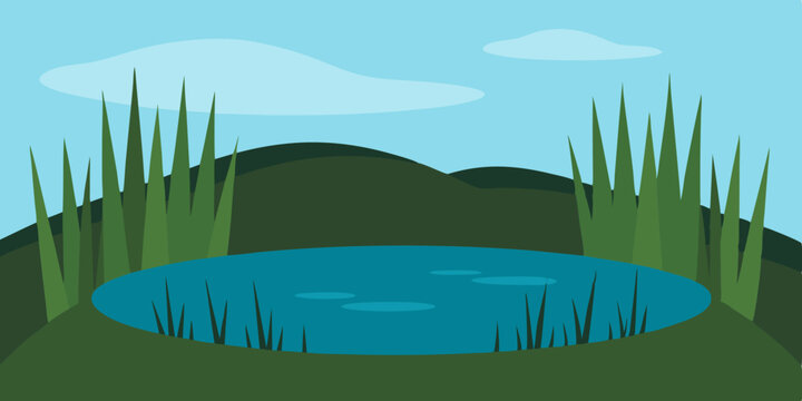 Vibrant summer landscape vector with a blue sky, green grass, a tranquil lake, and rolling hills under the sun