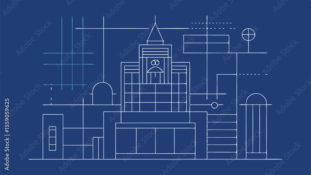 Poster minimalist architectural blueprint design with detailed structure and construction elements in white