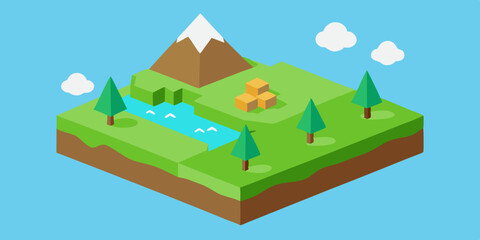 Fototapeta premium Cartoon vector illustration of a summer landscape with a house and trees under a clear sky