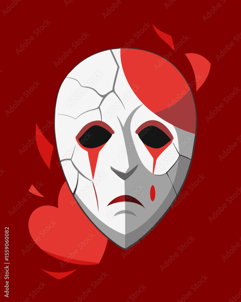 Poster behind the mask a broken heart is hidden painted over with a false sense of strength.. vector illust