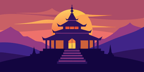 Obraz premium Serene Sunset Landscape Pagoda Silhouette at Dusk