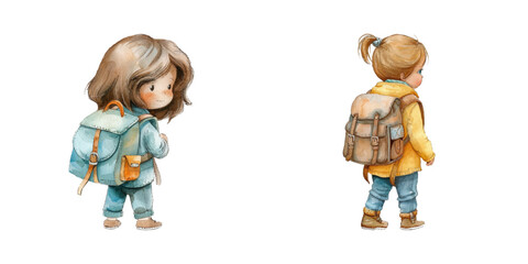child with backpack watercolor vector illustration
