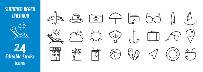 Summer beach vacation line icons set with editable stroke, outline style travel elements.