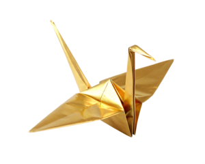  origami crane made from metallic gold paper isolated on white background PNG ,AI GENERATED