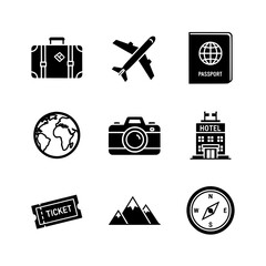Minimalist Travel Icon Set – Flat Black Tourism Symbols on White Background

