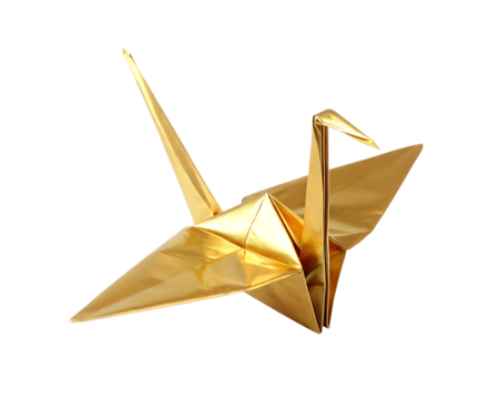  origami crane made from metallic gold paper isolated on white background PNG ,AI GENERATED