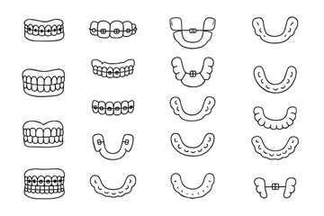 Teeth icons with braces, mouth guards, aligners in doodle style. Teeth bite alignment, dental row with braces, orthodontic healthcare concept. Vector